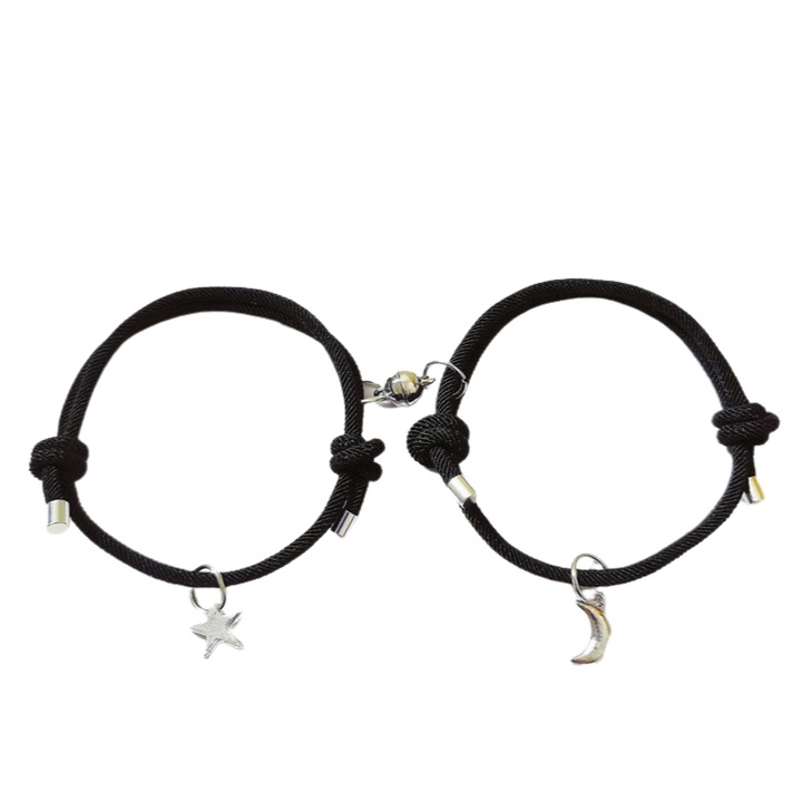 Set 2 bratari cuplu, NEVERMORE, cu magnet, Luna si Stea, unisex, Reglabil, Negru