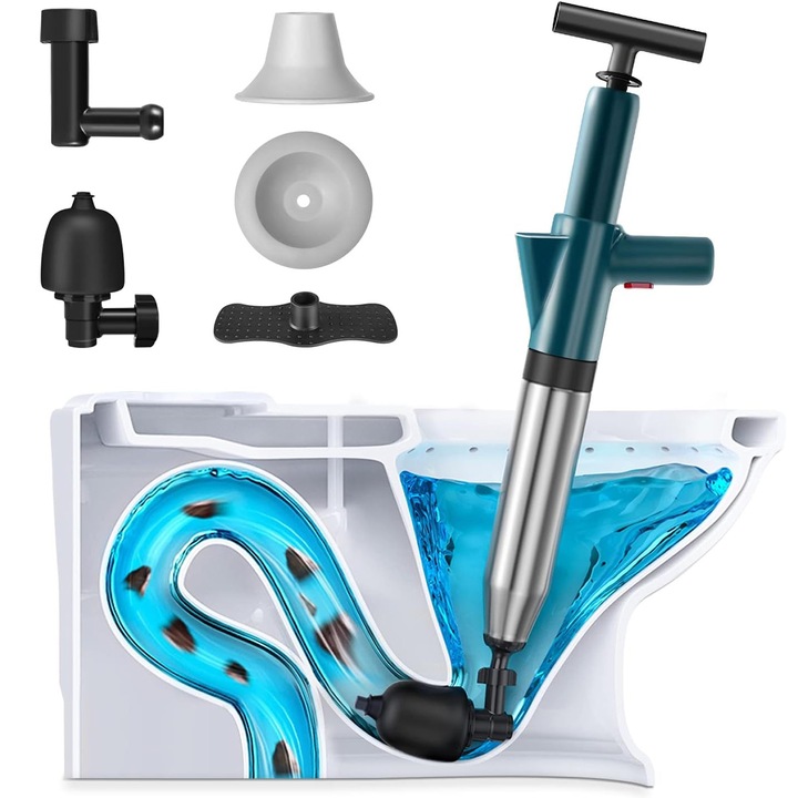 Pompa desfundat instalatii sanitare, Hggzeg, Umflare rapida, 5 fitinguri, Cu manometru, Portabila, Usor de instalat, Pentru canalizare, chiuveta de bucatarie, cada, toaleta, ABS/Otel inoxidabil, 10cmx60cm, Verde