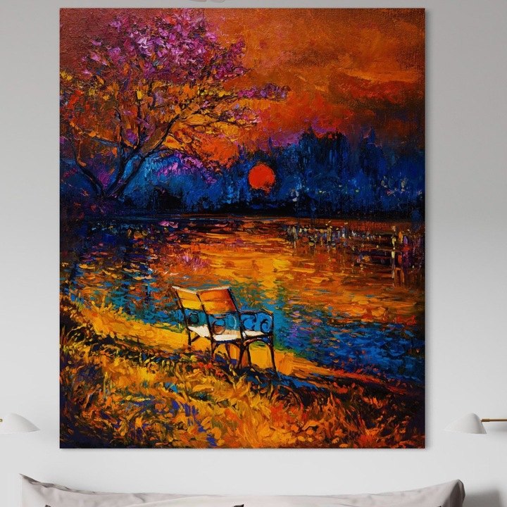 Картина върху платно, LuxCanva B1127, залез на езерото, 100 X 120 СМ, 100% памучно платно 400 г/м2, дървена рамка, цветове, езеро, пейка, хол, залез, вдъхновяващ, спалня, ярки цветове