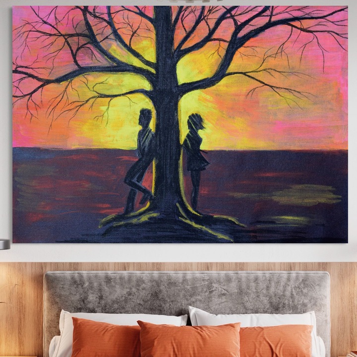 Премиум картина върху платно, LuxCanva® B1129, Двойка при залез, 100 X 145 CM, 100% памучно платно 400g/m2, дървена рамка, Залез, Дърво, Хол, Любов, Той и тя, Спалня, Ярки цветове