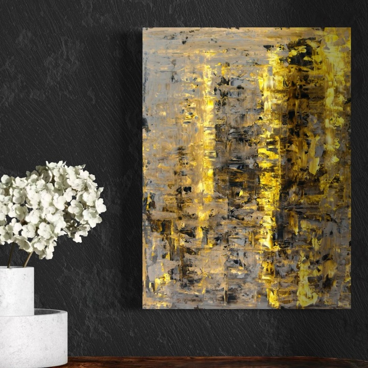 Tablou Canvas Premium, LuxCanva® C1058, Gold And Brown Painting Abstract, 65 X 90 CM, Panza Bumbac 100% 400g/m2, Sasiu Lemn, Gold And Brown Painting Abstract, Dining Room, Living Room, Relaxare, Culori Vibrante