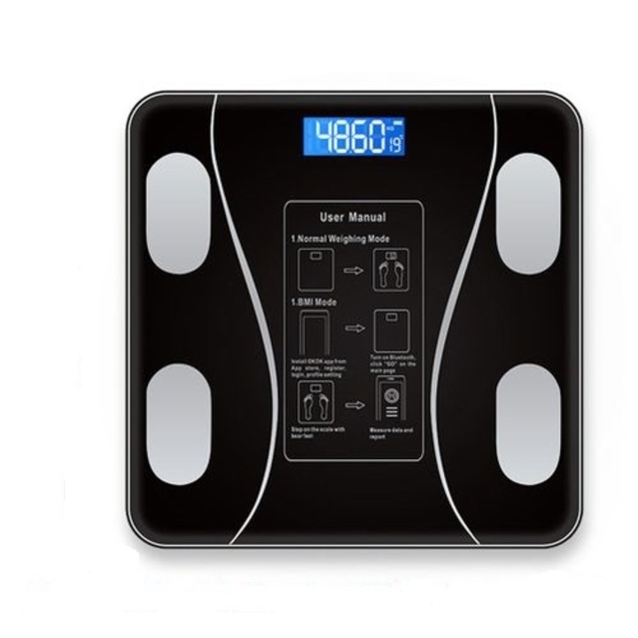 Cantar Corporal Inteligent, Electronic, De Diagnostic Corporal, Aplicatie Pentru Fitness Tracking, Conectare Bluetooth, Din Sticla Securizata, Antialunecare, Ecran LCD, Design Inovator, Interval Cantarire 0.3- 180 KG, Negru