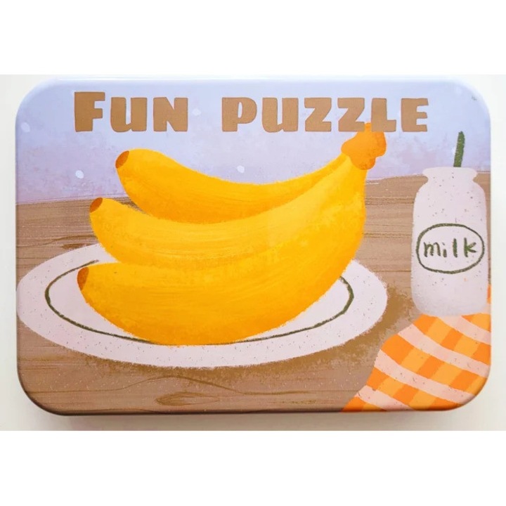 Puzzle din lemn pentru copii, 5 modele cu fructe si legume, cutie metal, 39 piese