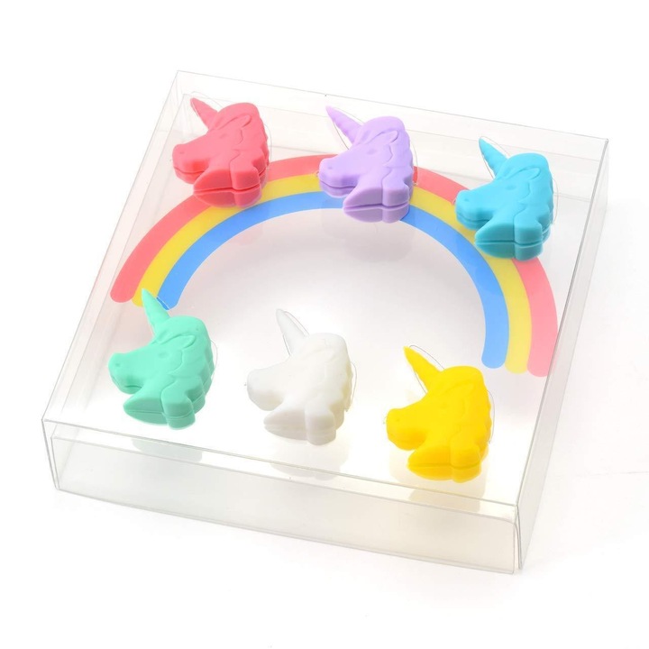 Set 6 accesorii pentru pahare, Unicorn, silicon, multicolor