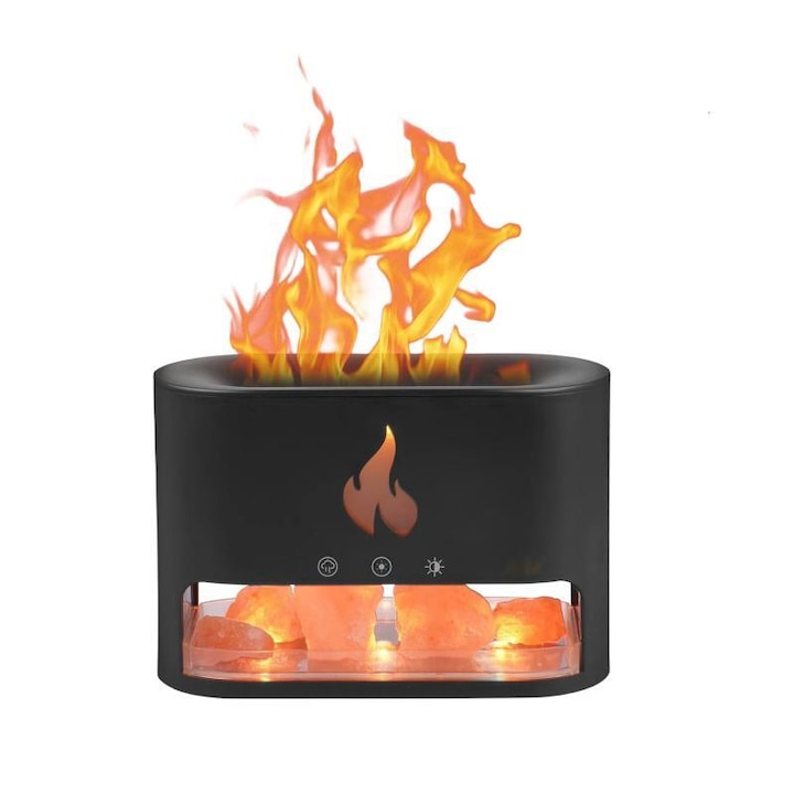 Flame illóolaj diffúzor, himalájai só aromaterápiához, kandalló párásítók, 7 szín, lángfény, automatikus kikapcsolás funkcióval, jógastúdió, edzőterem, hálószoba, USB tápellátás, 250 ml, fekete