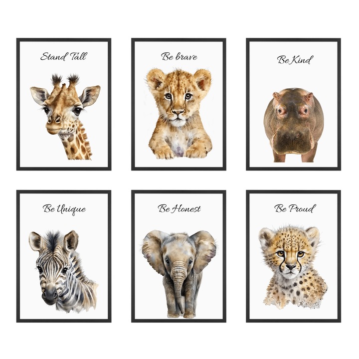 Set 6 tablouri camera copilului, animale, rama 32X23cm, sticla plexiglas securizata