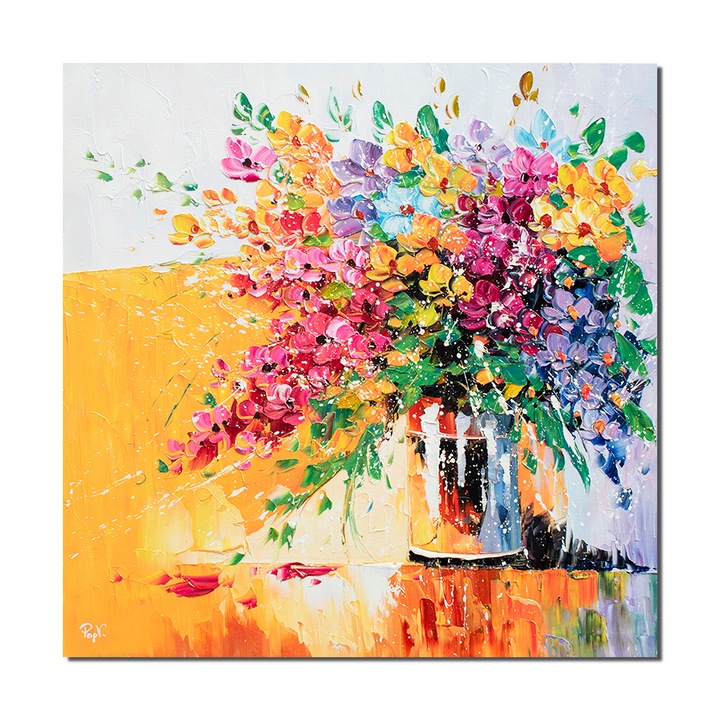 Tablou pictat manual living, dormitor, Vaza cu flori multicolore, stilizat, 80x80cm ulei pe panza in cutit efect 3D, gata de expus pe perete