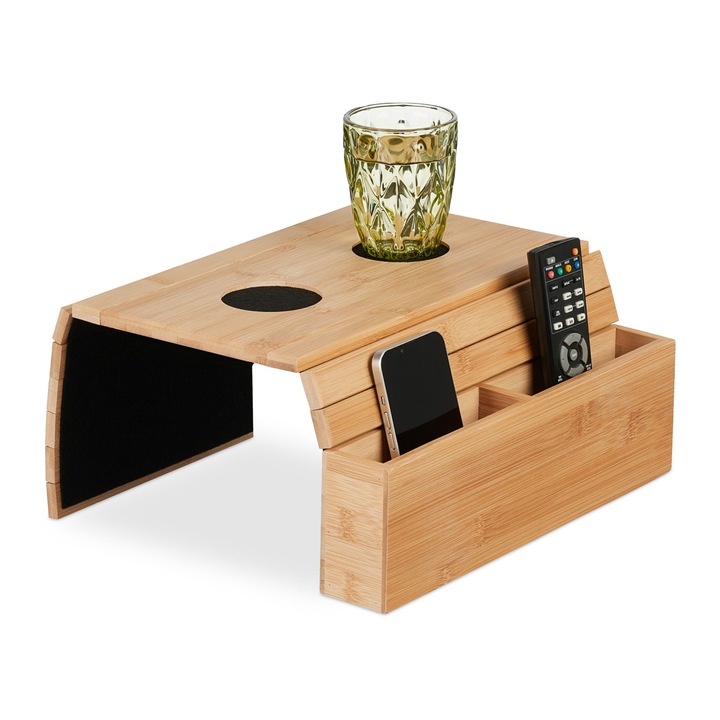 Стойка за диван с 2 странични отделения, поставка за чаша, бамбук, 5,5 х 50 х 33,5 см