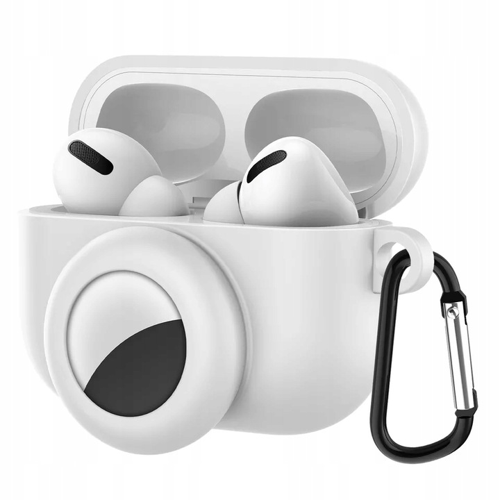 Калъф, съвместим с Airpods Pro, 4TechGoods, Силиконов, С карабинер, Бял/Черен