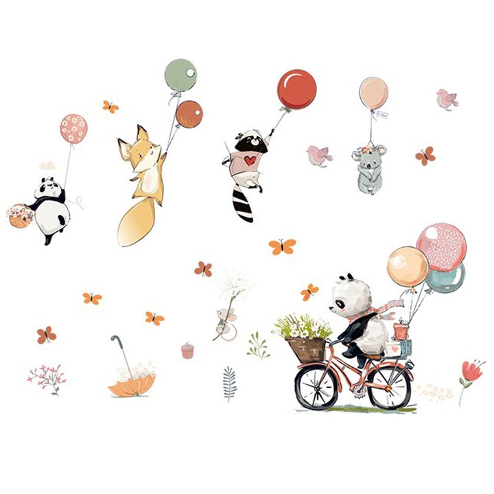 Sticker Decorativ Autoadeziv CCmax, Ursulet pe Bicicleta si Animale Salbatice cu Baloane