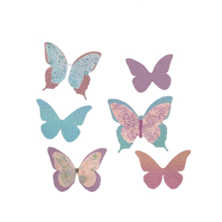 Комплект стикери за стена, Модел 6 пеперуди, С преливащи се кристали, 21x19см, 3D, С блясък, Многоцветен