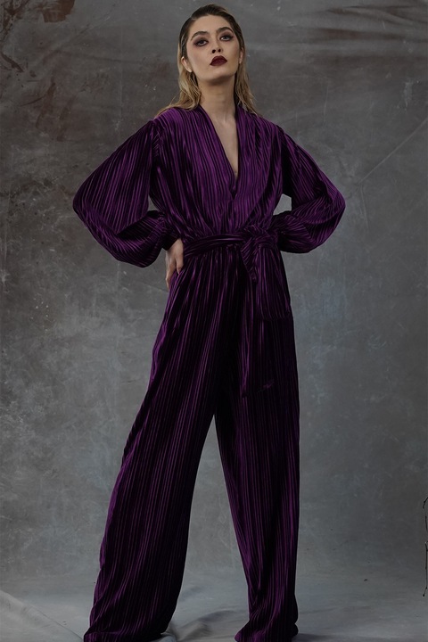 MIAU By Clara Rotescu, Salopeta maxi cu decolteu adanc in V Zamas, Violet