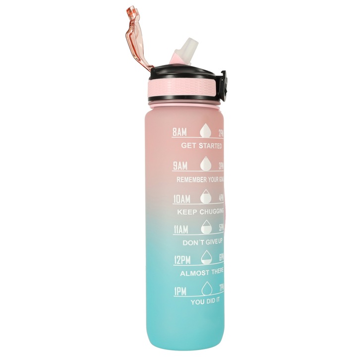 Бутилка за вода със сламка, Zola, система за заключване на капака, 1000 ml, маркер за време със съобщения, BPA без съдържание, издръжлива дръжка, 28.5x7.5cm, кремаво синьо