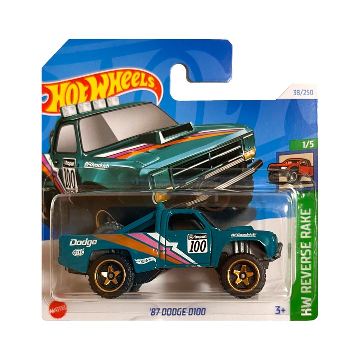 Метална кола Hot Wheels, '87 Dodge D100, 1:64, зелено