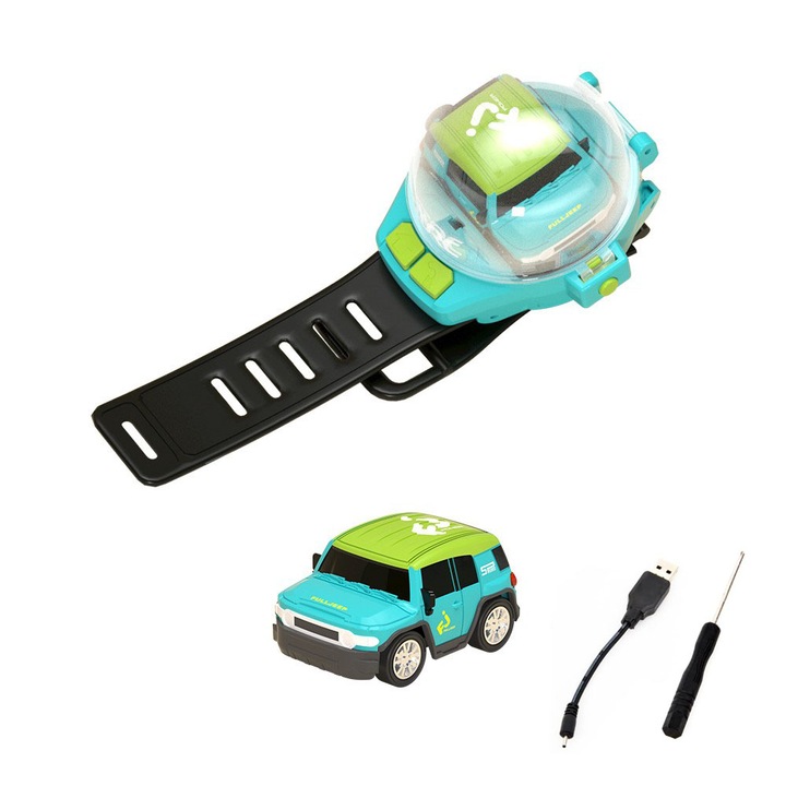 Bratara tip ceas cu masinuta SUV de jucarie in interior construita din aluminiu, controlabila prin telecomanda atasata bratarii, acumulator reincarcabil incorporat in masinuta, timp functionare 1 ora, lumina led spate, Verde cu Albastru