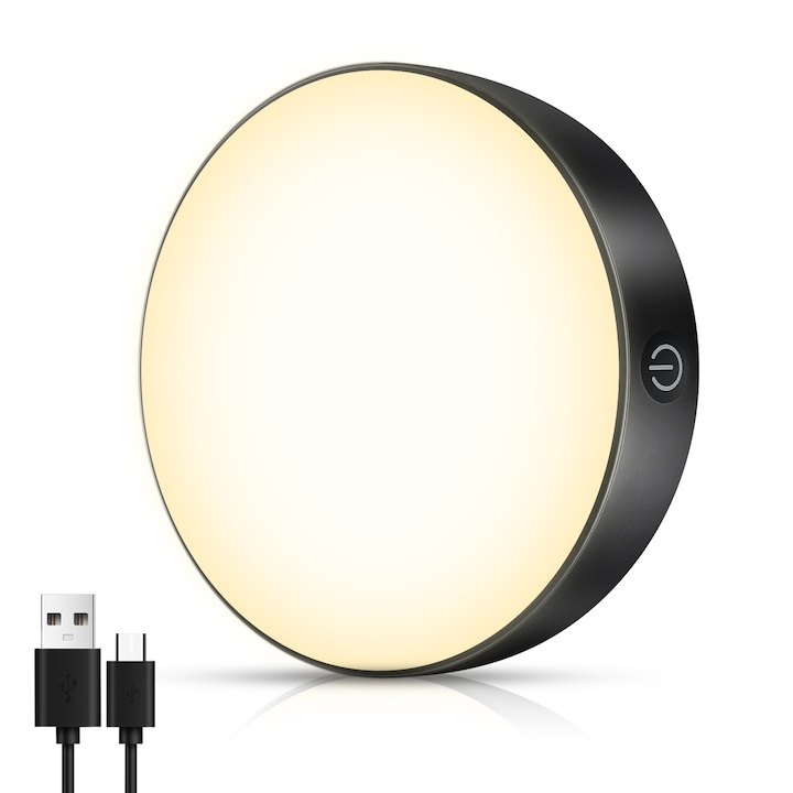 Lampa SMART LED, Fara fir, Luminozitate reglabila, Baterie de 1000mAh reincarcare rapida USB, Consum redus 0.6W, Culoare Negru, Lumina calda