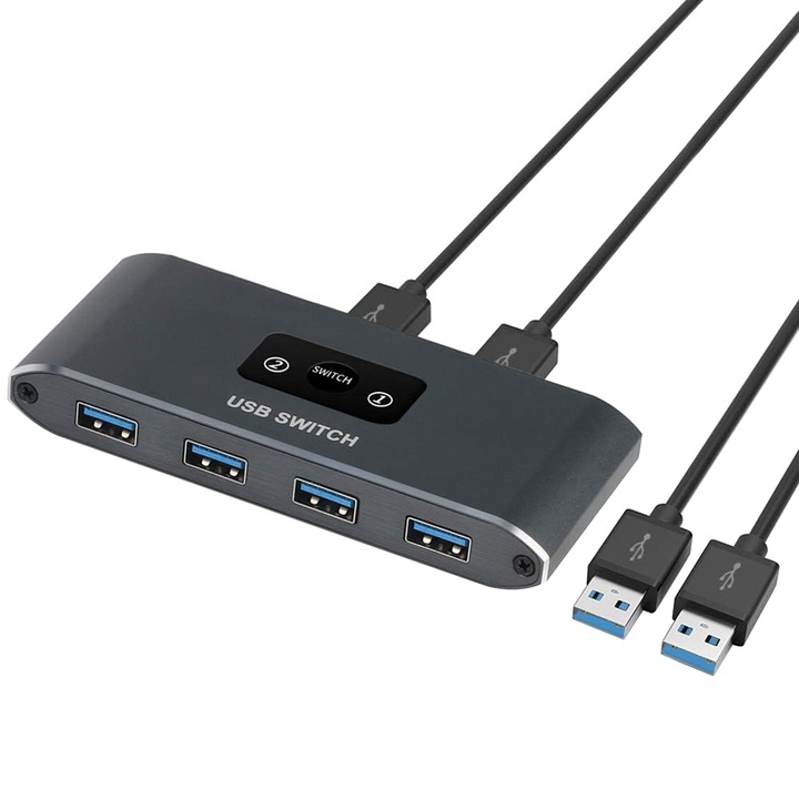 Hub Switch, USB 3.0, TopGearWorld®, Cu 4 porturi, Buton comutare, Cu 2 cabluri USB si 1 cablu de microincarcare, Negru
