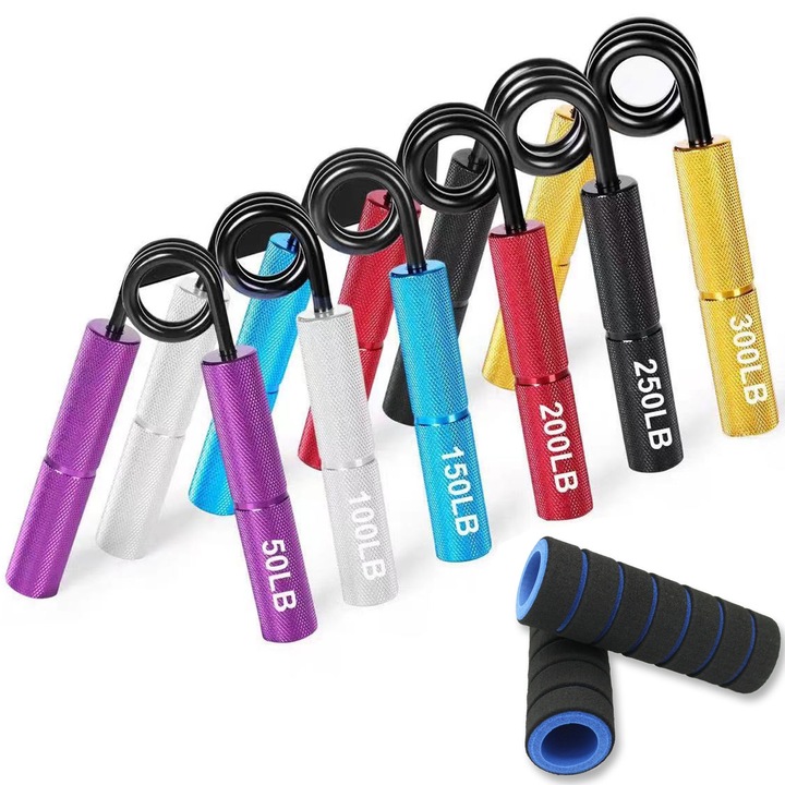 Set 6 grip trainer pentru mana, Axroad Mall, 50LB / 100LB / 150LB / 200LB / 250LB / 300LB, Cu capac de burete, Anti-alunecare, Rezistent la rugina, Design ergonomic, Portabil, Otel/aluminiu, Multicolor