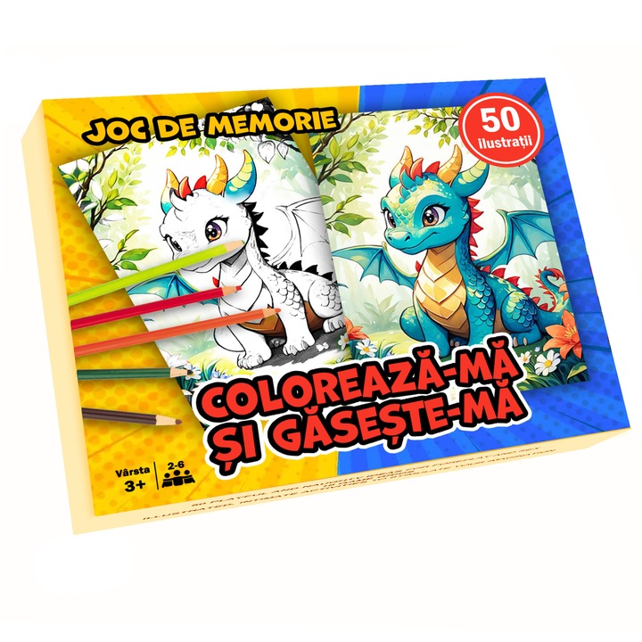 Joc pentru copii 2 in 1 de memorie si desen, Coloreaza-ma si gaseste-ma - Editia Dragoni