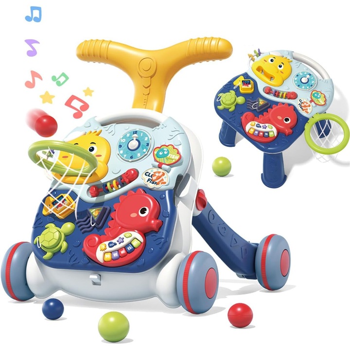 WePro Store 3 az 1-ben interaktív járókeret hangokkal és fényekkel, állítható magasságú és sebességű, interaktív asztal és tábla, labdakosár, csörgő játékok, 6-18 hónapos korig, kék