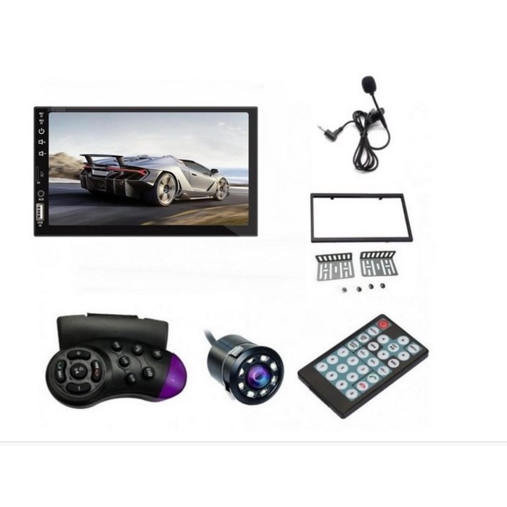 Navigatie MirrorLink mp5 player 7023B Radio FM, MirrorLink Ecran 7'', Bluetooth Touchscreen, Divix, AVI, USB, SD Card, AUX + Rama universala Suporti prindere Comenzi Volant Microfon Camera Marsarier 8 Led