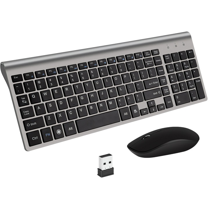 Set Universal Combo Tastatura si Mouse Premium Bervolo®, Wireless 2.4G, Click Scissor Switch, Ergonomic, Silentios, Design Slim, Versiune US, Gri