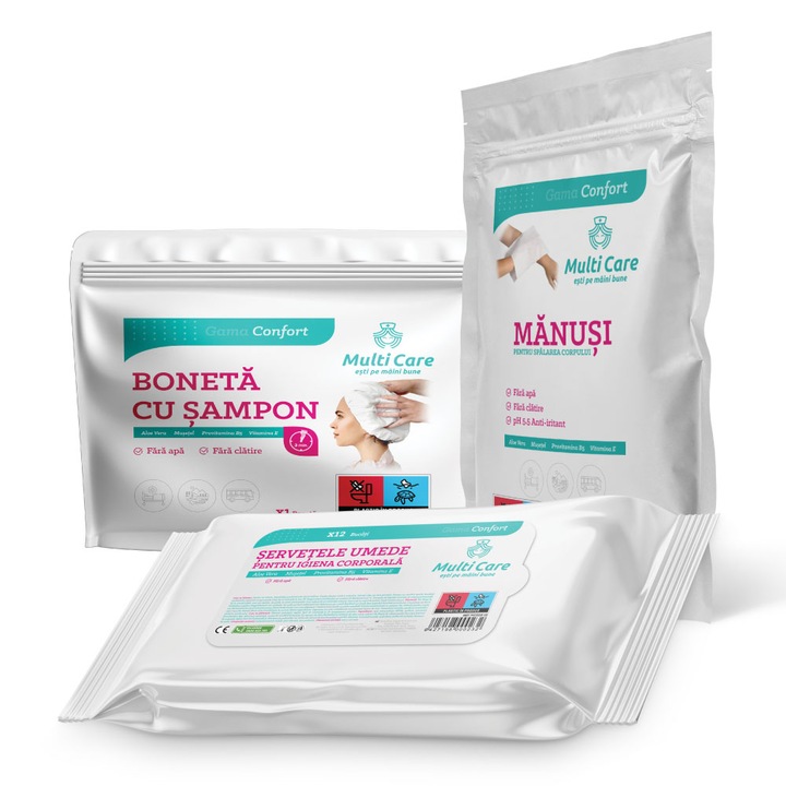 Pachet boneta cu sampon fara clatire + manusi pentru spalarea corpului + servetele umede pentru igiena corporala Multi Care Confort