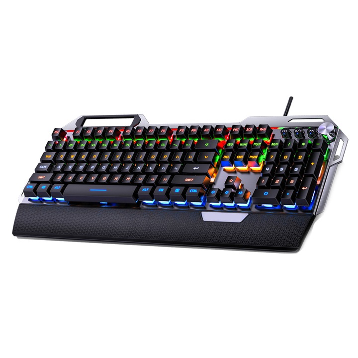 NUODWELL mechanikus játékbillentyűzet, ergonomikus kialakítás, RGB háttérvilágítás gomb, kétgombos mód, telefontartóval, számítógéphez, laptophoz, fekete