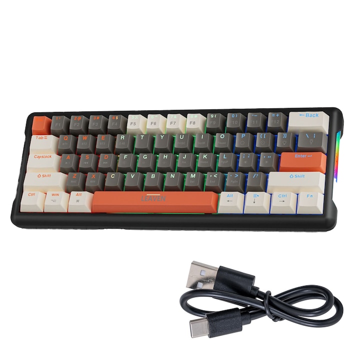 Tastatura mecanica, NUODWELL, Cu fir, Ergonomic, Capac cu cheie de injectie in doua culori, 9 moduri iluminare led, Functie Hot-Swap, Pentru Windows/Mac/PC/Laptop, Multicolor