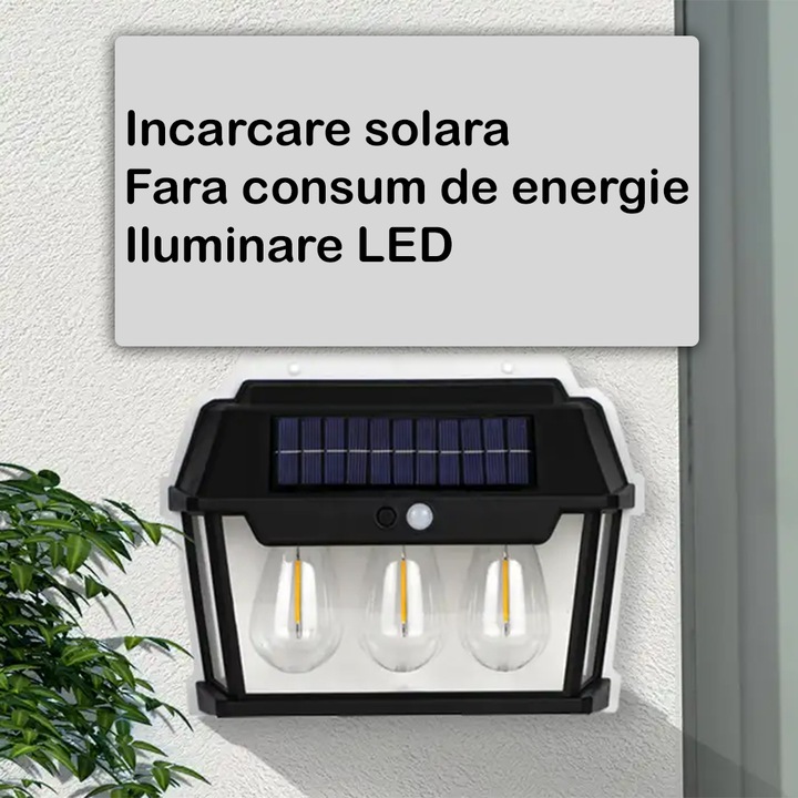 Lampa Solara de Perete SIKS Cu 3 Becuri LED, Pentru Exterior, Cu Senzor de Miscare si Lumina, Incarcare Solara, Acumulator Integrat 1800 mAh, Fara Fir, 3 Moduri de Lumina, 38W, 600 Lumeni, Rezistent la Apa, HW9993W, Culoare Negru