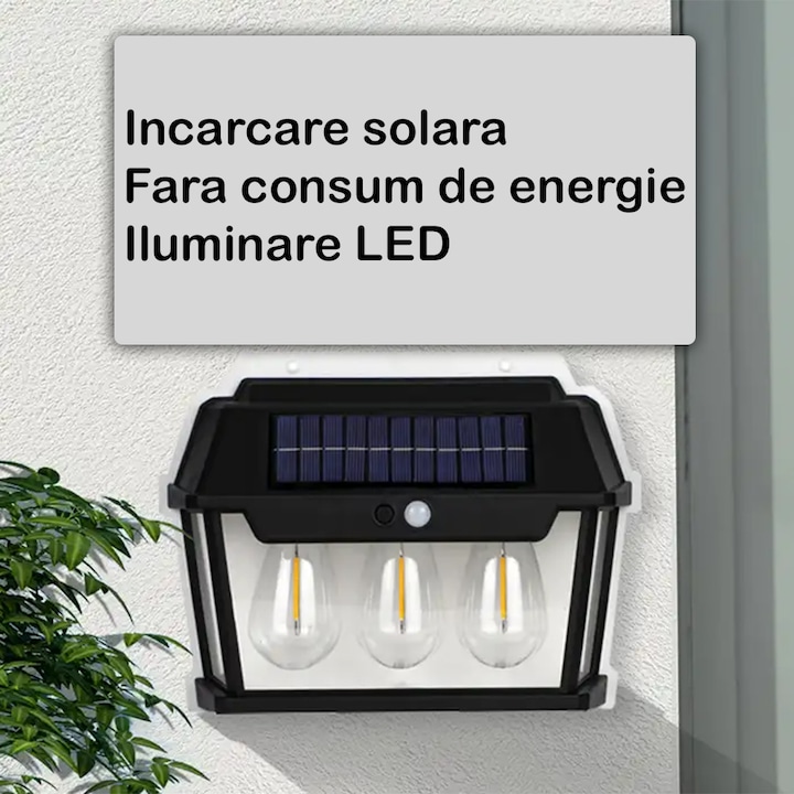Detalii despre panoul solar înclinat și senzorul de mișcare al lămpii solare.