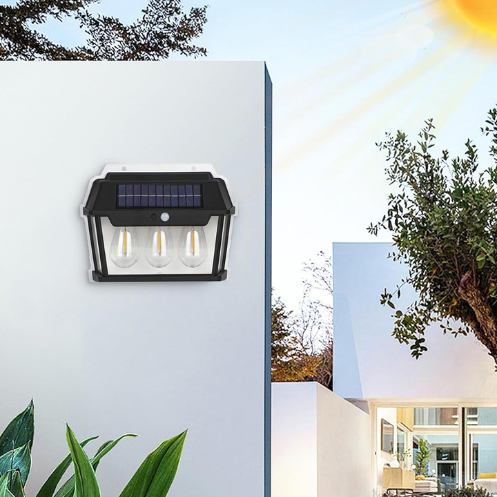 Lampa Solara de Perete SIKS Cu 3 Becuri LED, Pentru Exterior, Cu Senzor de Miscare si Lumina, Incarcare Solara, Acumulator Integrat 1800 mAh, Fara Fir, 3 Moduri de Lumina, 38W, 600 Lumeni, Rezistent la Apa, HW9993W, Culoare Negru