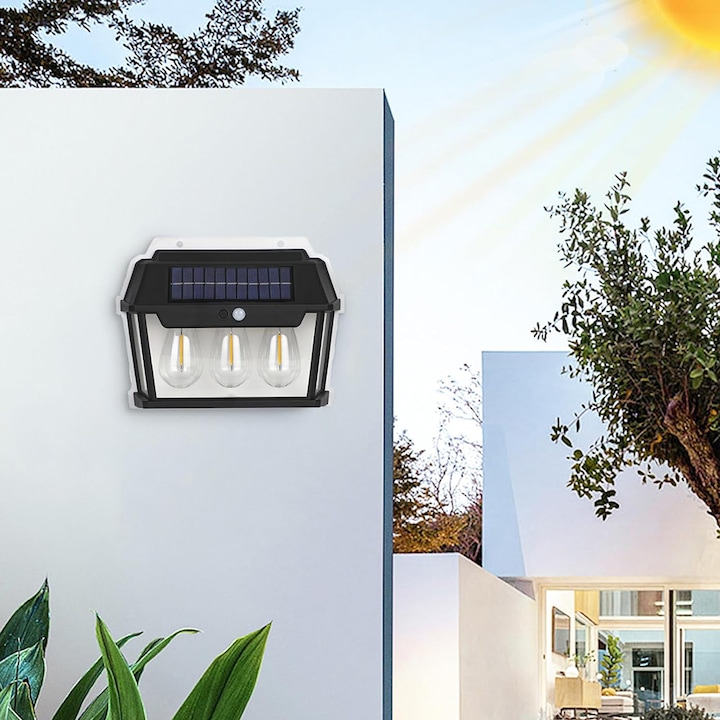 Imagine de prezentare a lămpii solare pe o structură de perete.