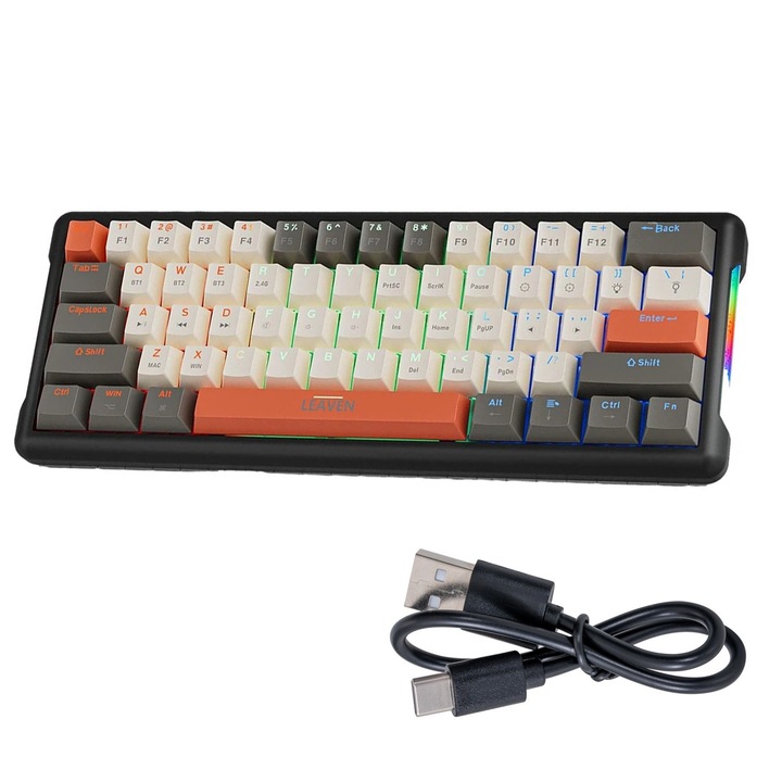 Tastatura mecanica Fir, NUODWELL, Ergonomic, Capac cu cheie de injectie in doua culori, 9 culoare de fundal RGB, 61 Taste, Functie Hot-Swap, Pentru Windows/Mac/PC/Laptop, Multicolor