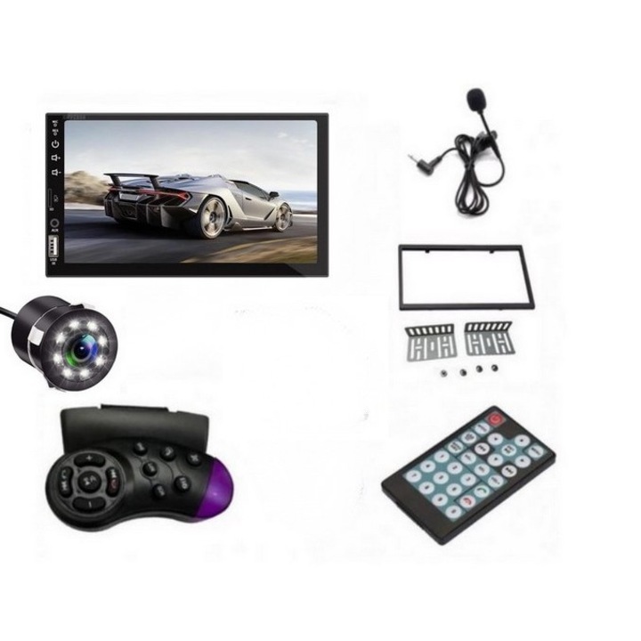 Mp5 Player Radio FM, Navigatie, MirrorLink, Ecran 7'', USB, SD Card, AUX + Rama universala Comenzi Volant Microfon Camera Marsrier 8 Led