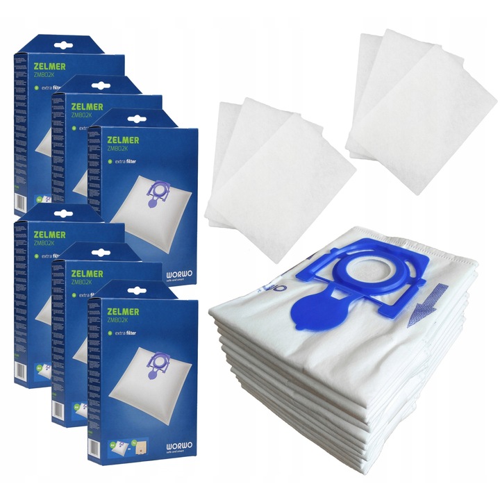 Комплект от 24 торби Worwo ZMB02K, съвместими с прахосмукачки Zelmer Aquos + 6 моторни филтъра