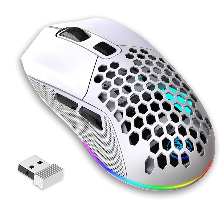 Професионална безжична мишка за дома и офиса ODISSEY LIFE®, 4800 Dpi, акумулаторна, RGB осветление, двоен режим BT 5.1 и безжична, двойно магнитно покритие, бяло