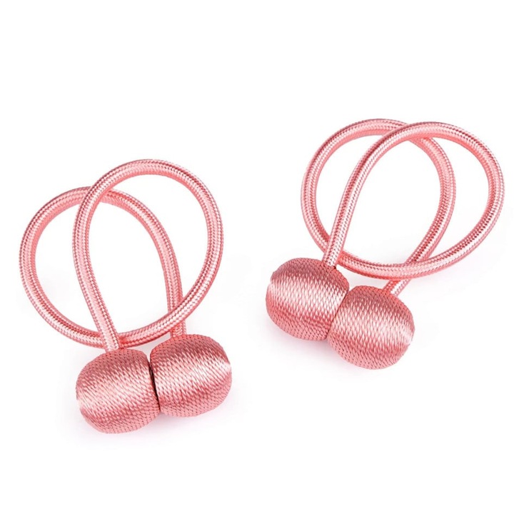 Set 2 magneti decorativi pentru prinderea perdelelor si draperiilor Bootic®, forma rotunda, snur textil 41 cm - Roz deschis