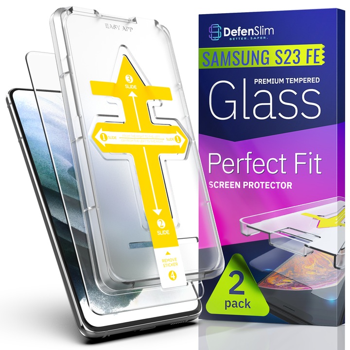Комплект от 2 стъклени фолиа, съвместими с Samsung Galaxy S23 FE, DefenSlim, лесен и бърз монтаж с автоматично устройство за монтиране за 30 секунди с патентован Easy Install Kit, защита на телефона