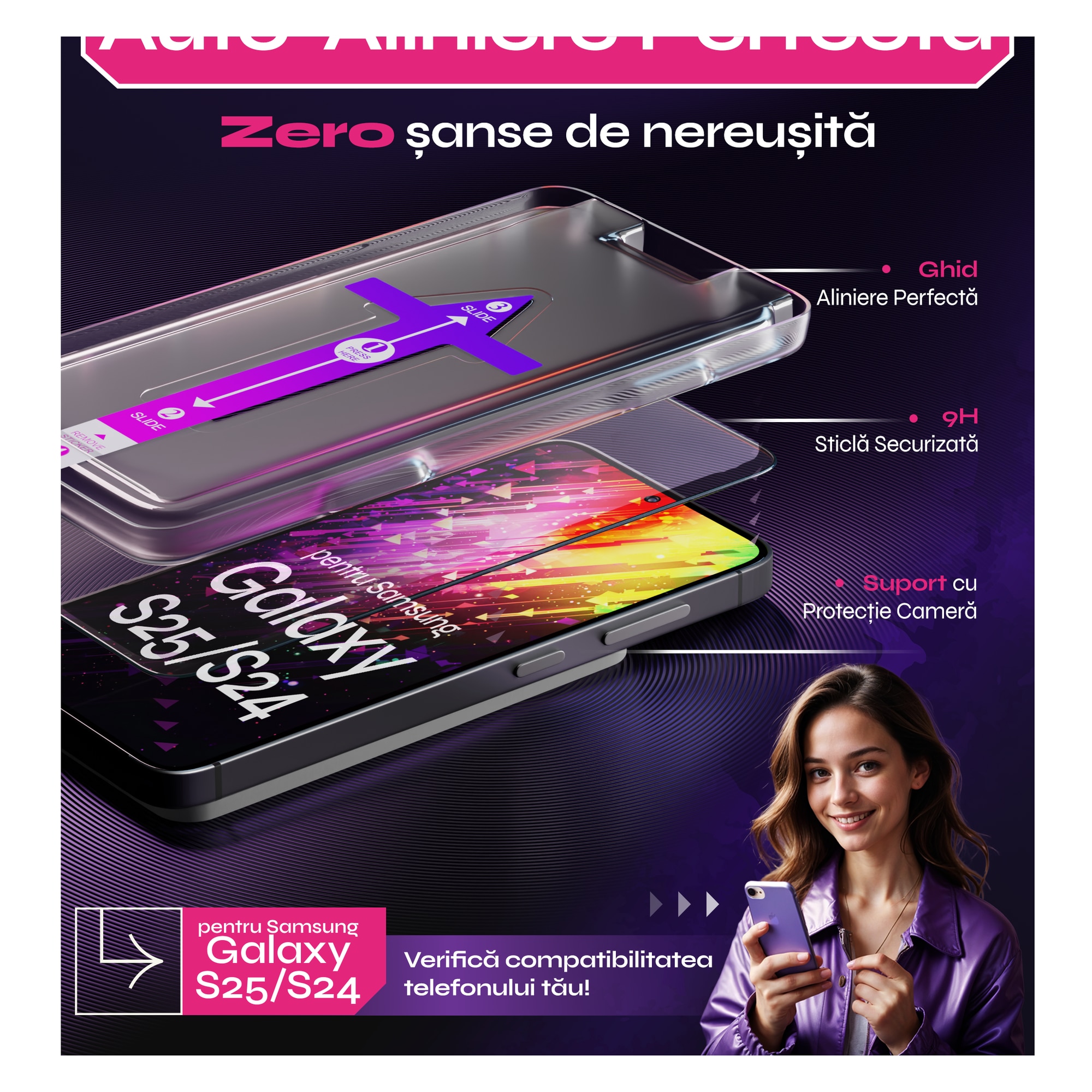 Set 2 Folii sticla compatibil cu Samsung Galaxy S25/S24, DefenSlim, instalare usoara si rapida cu dispozitiv de potrivire automata in 30 sec cu Easy Install Kit patentat, protectie telefon