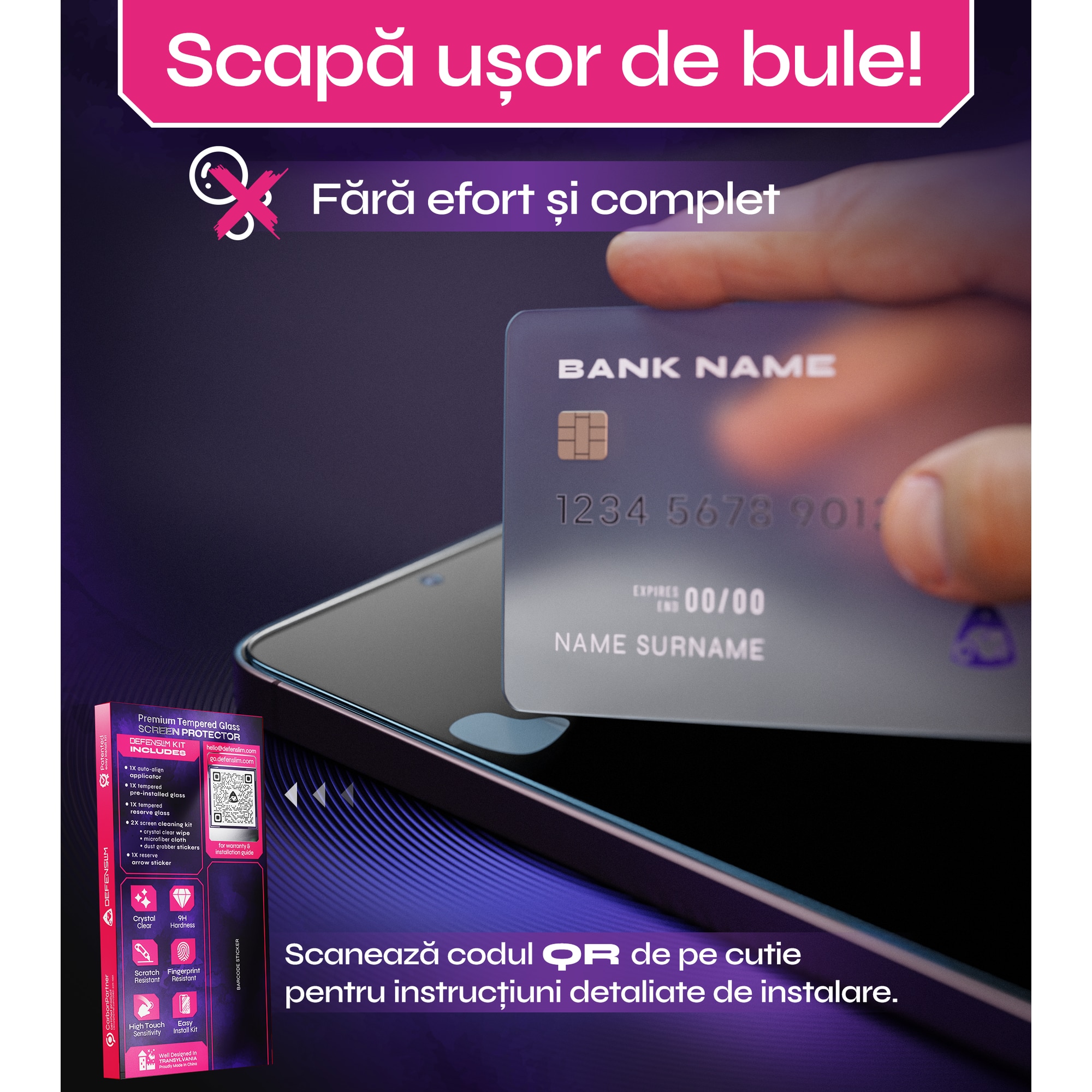 Set 2 Folii sticla compatibil cu Samsung Galaxy S25/S24, DefenSlim, instalare usoara si rapida cu dispozitiv de potrivire automata in 30 sec cu Easy Install Kit patentat, protectie telefon
