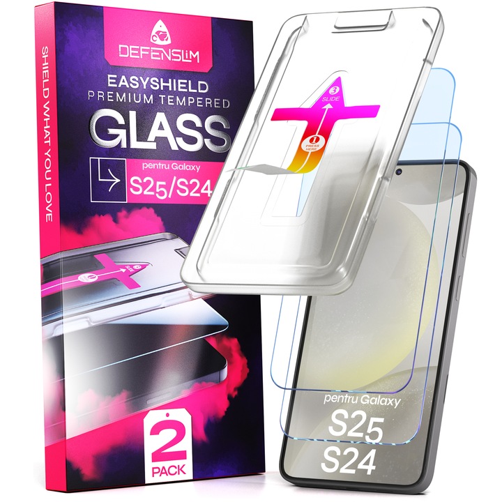 Set 2 Folii sticla compatibil cu Samsung Galaxy S25/S24, DefenSlim, instalare usoara si rapida cu dispozitiv de potrivire automata in 30 sec cu Easy Install Kit patentat, protectie telefon