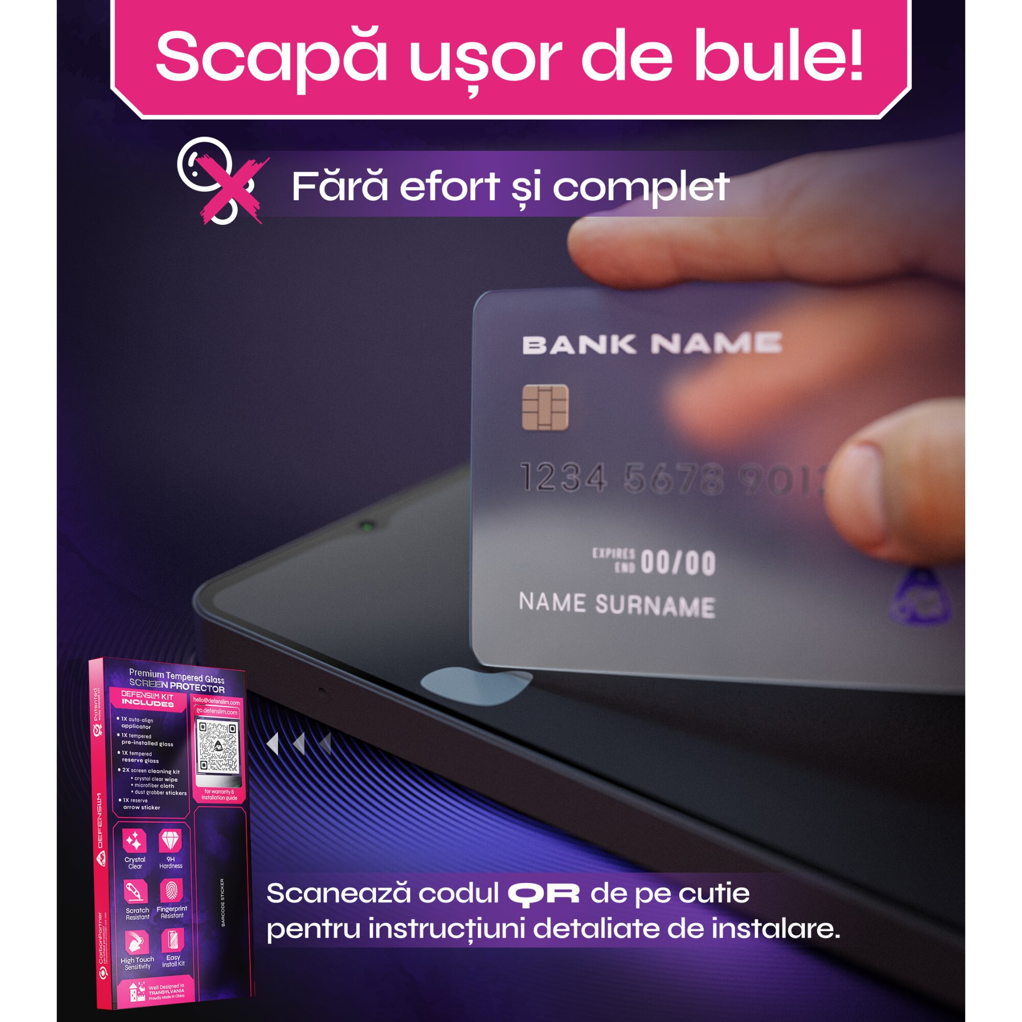 Set 2 Folii sticla compatibil cu Samsung Galaxy A14, DefenSlim, instalare usoara si rapida cu dispozitiv de potrivire automata in 30 sec cu Easy Install Kit patentat, protectie telefon