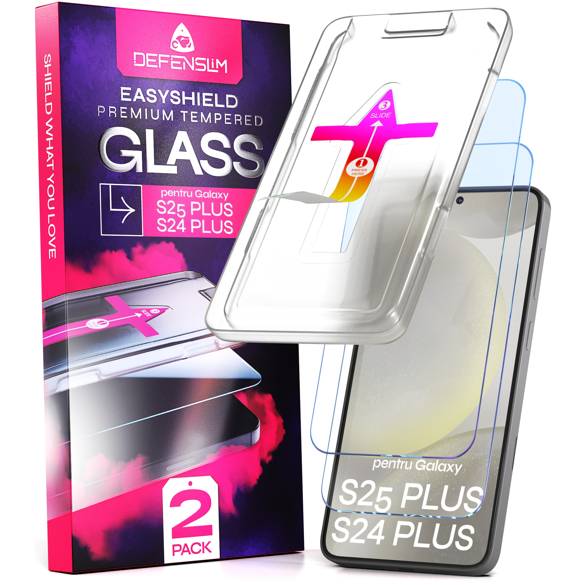 Set 2 Folii sticla compatibil cu Samsung Galaxy S25 Plus / S24 PLUS, DefenSlim, instalare usoara si rapida cu dispozitiv de potrivire automata in 30 sec cu Easy Install Kit patentat, protectie telefon