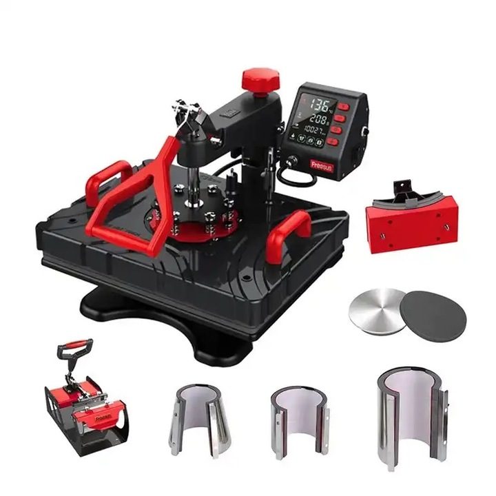Presa termica multifunctionala, model 8 in 1, 15x15 cm, pentru pahare de 30oz si tricouri, negru si albastru
