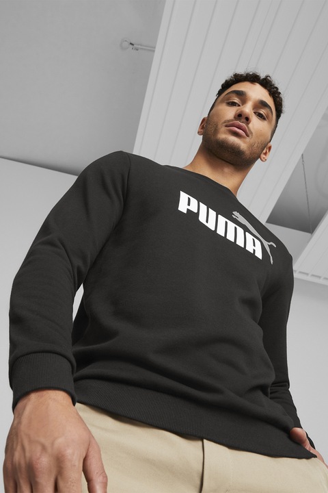 Puma, Bluza de trening cu decolteu la baza gatului si imprimeu logo, Negru/Alb