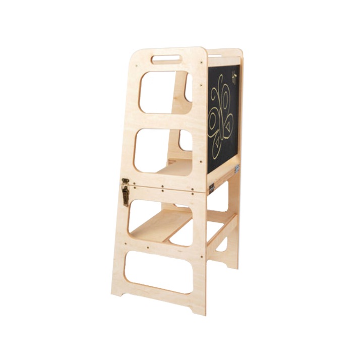 Scaun inaltator 3 in 1 Ælements®, cu tabla de scris, usor de transformat in masuta cu scaun, learning tower, din lemn, usor de curatat