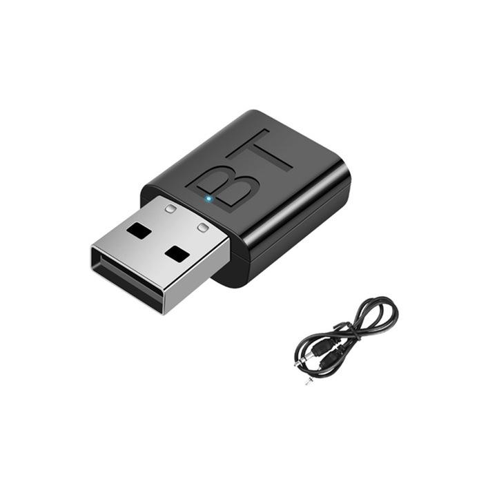 Receptor Bluetooth Cu USB Si Jack 3.5 mm, JENUOS®, technologie BT 5.0, DAC 2 in 1, intrare AUX, iesire audio, pentru masini, PC sau TV, Negru