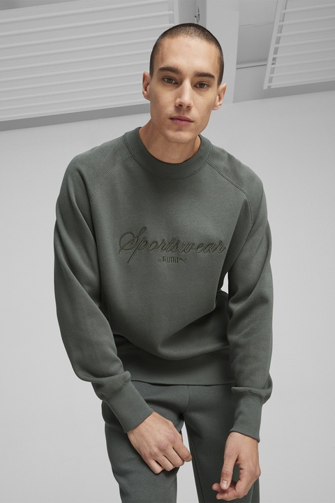 Puma, Bluza de trening cu decolteu la baza gatului si broderie text, Gri inchis, S