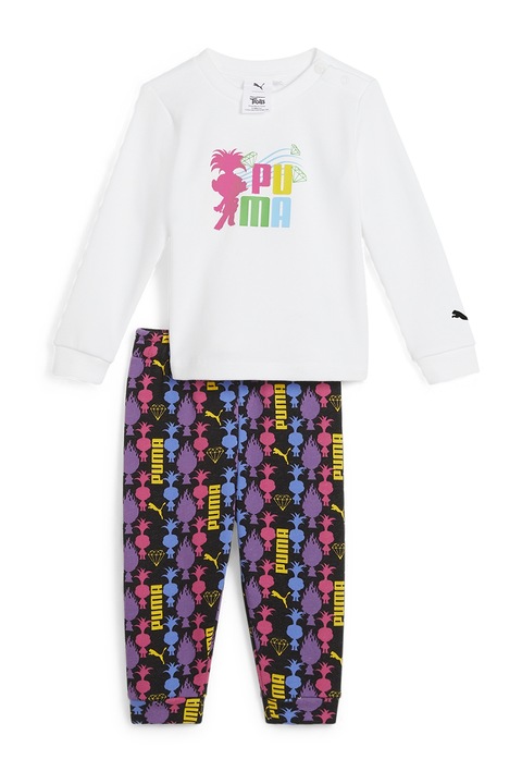 Puma, Set de bluza si pantaloni din amestec de bumbac cu logo, Alb/Negru/Violet